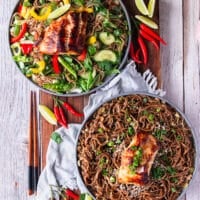 two plates of soba noodles, one served warm and the other cold with veggies