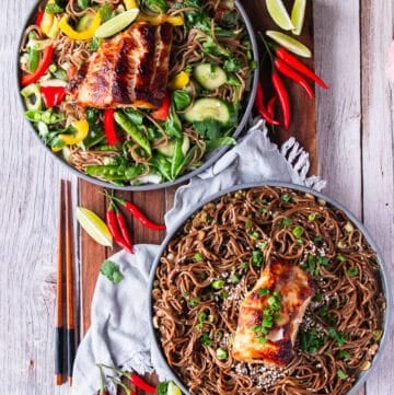 two plates of soba noodles, one served warm and the other cold with veggies