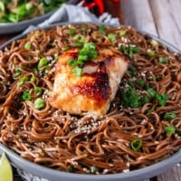 The sesame noodles recipe plated and garnished with lots of sesame seeds, and served with miso cod optionally.