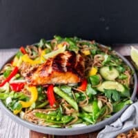 cold soba noodles salad on a plate, with veggies , herbs and dressing