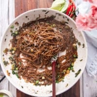 cooked soba noodles added to the skillet and tossed well in the simmering sauce to coat