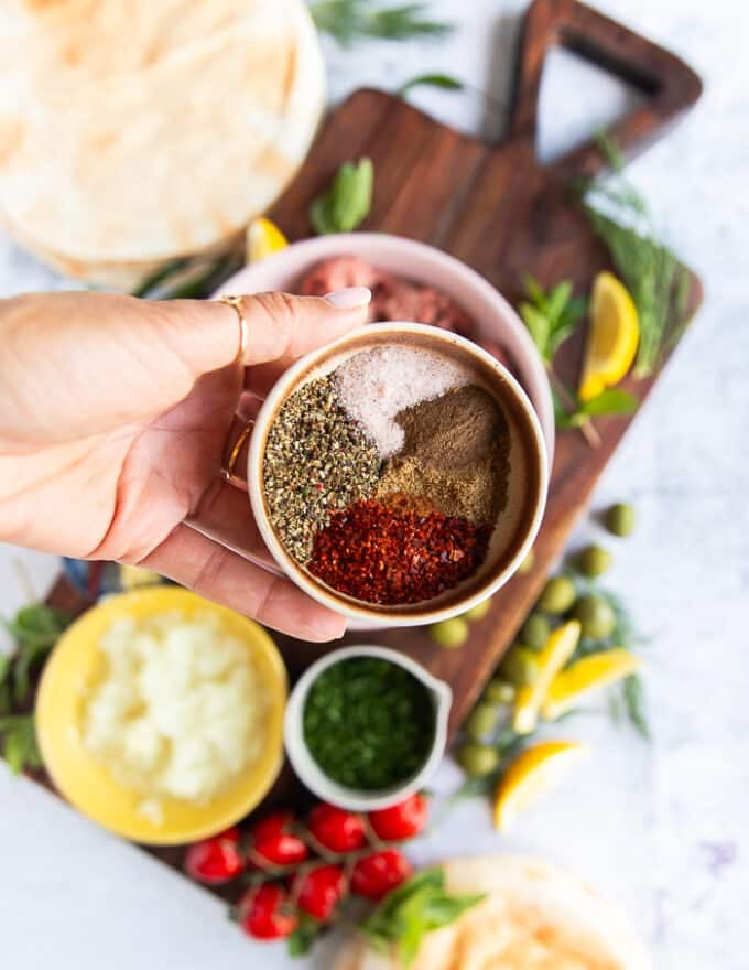 A hand holding close up the bowl of seasoning showing salt, pepper, cumin, coriander, aleppo pepper, paprika and cinnamon 