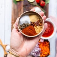 A hand holding a plate of homemade cajun seasoning ingredients including some smoked paprika, some salt, pepper , oregano, some garlic and onion powders