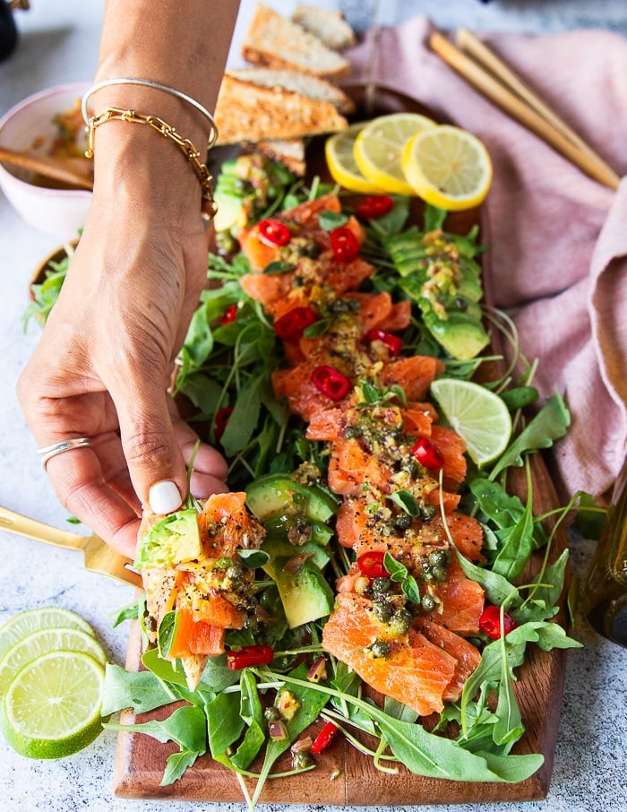 Salmon Carpaccio • Present Stopping Tasty Mediterranean Appetizer • Two Purple Figs