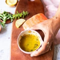 The vinaigrette is mixed and blended into a smooth emulsifies vinaigrette