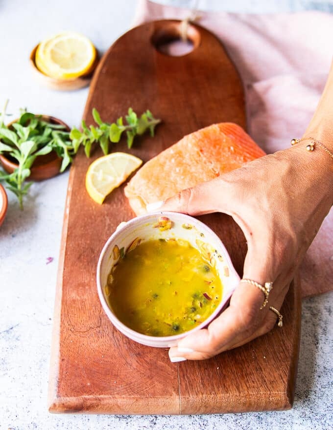The vinaigrette is mixed and blended into a smooth emulsifies vinaigrette 