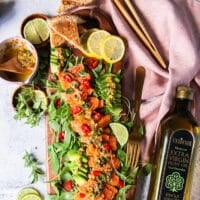 A top view full plate of salmon carpaccio with some pita chips on the side, some avocado slices with the salmon and lemon slices for garnish