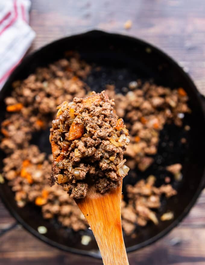 The meat is perfectly cooked and brown, no longer pink in color so it's ready for sauce 