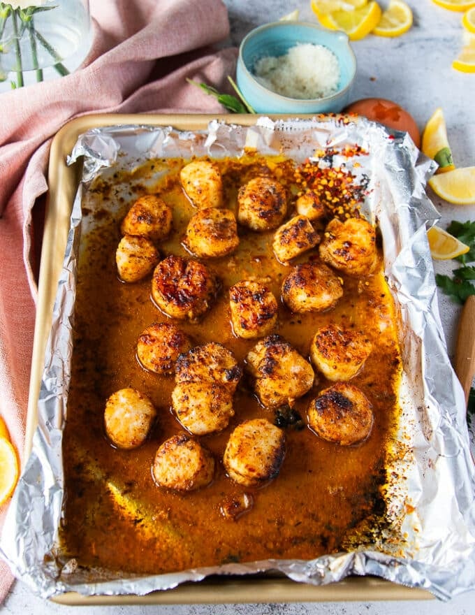 golden brown juicy scallops out of the broiler 