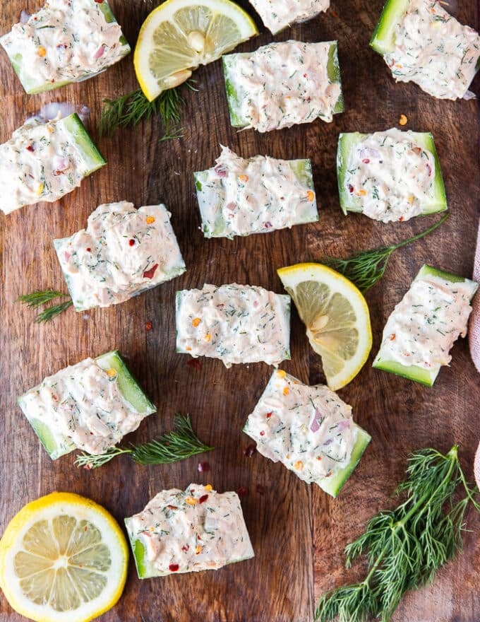 top view close up of a chunk of the tuna cucumber  salad 