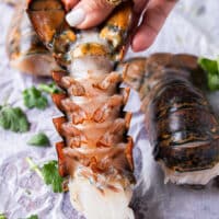 A hand holding fresh lobster tails close up to show the texture and how thawed and read to prep