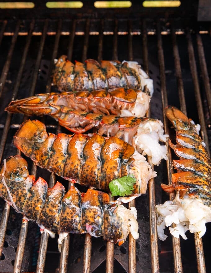 The lobster placed on the grill, meat side down