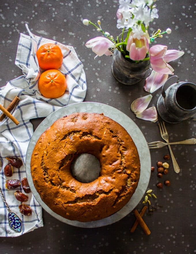 Date cake on a plate baked and perfect, ready to glaze or not, but perfect