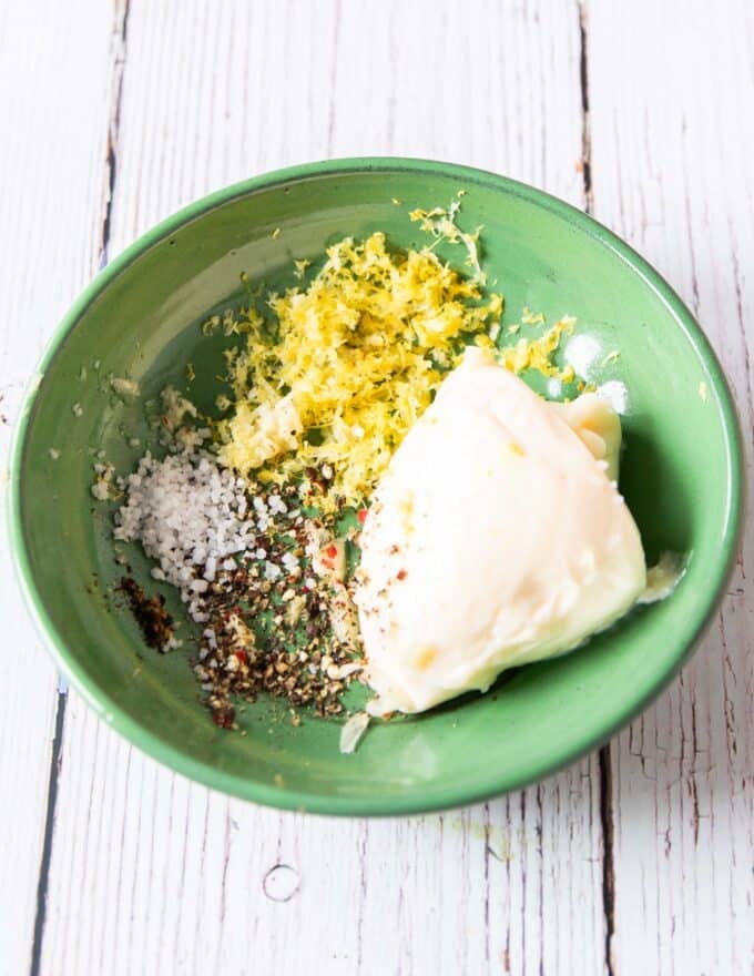 Salmon burger sauce ingredients in a bowl 