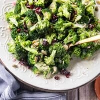 A full plate of creamy broccoli salad close up with a fork