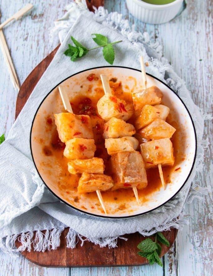 Skewered halibut fish