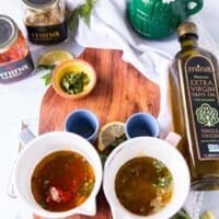 Side by side making a red harissa vinaigrette and a green harissa vinaigrette in two separate bowls