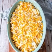 Top layer of cheese finishes the baked mac and cheese ready now to bake