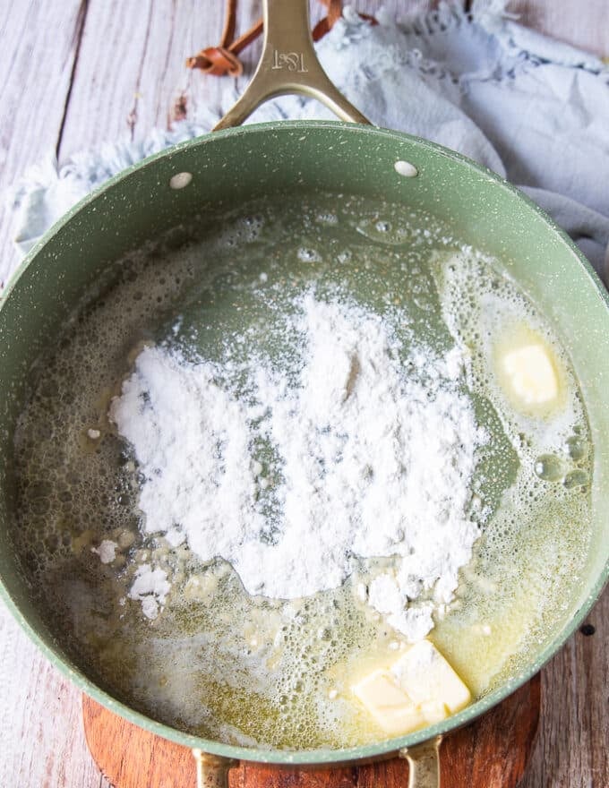 Flour added to the butter in a skillet to make béchamel 