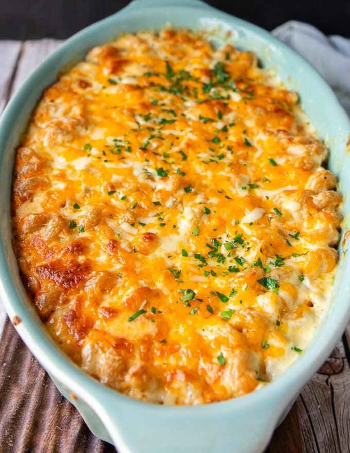 side view of a baked bubbly mac and cheese