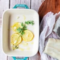 baking dish for baking chilean sea bass with lemon and herbs and garlic