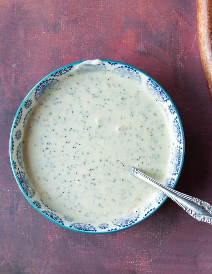 The creamy dressing is all mixed into one bowl