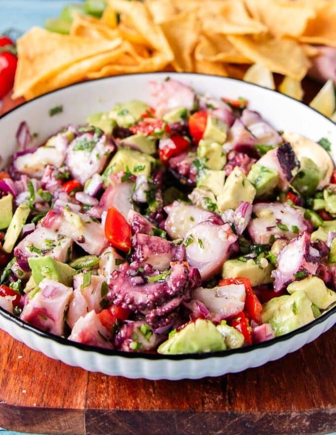 side view of octopus ceviche bowl showing close up textures 
