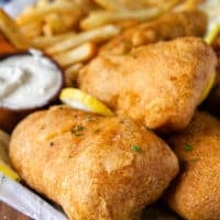 close up of a crispy fish and chips showing the crispy crust