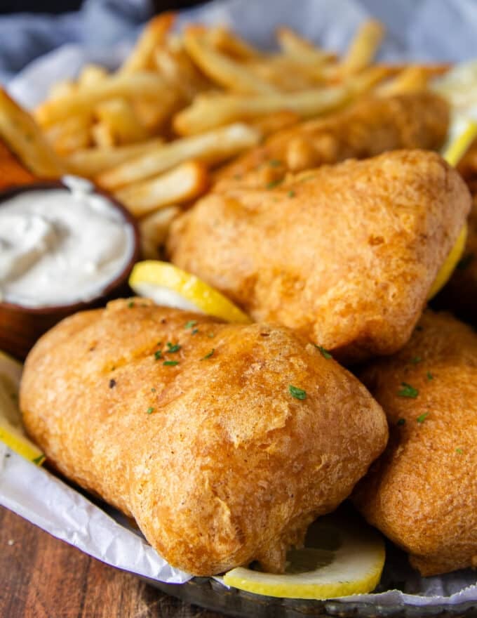 close up of a crispy fish and chips showing the crispy crust