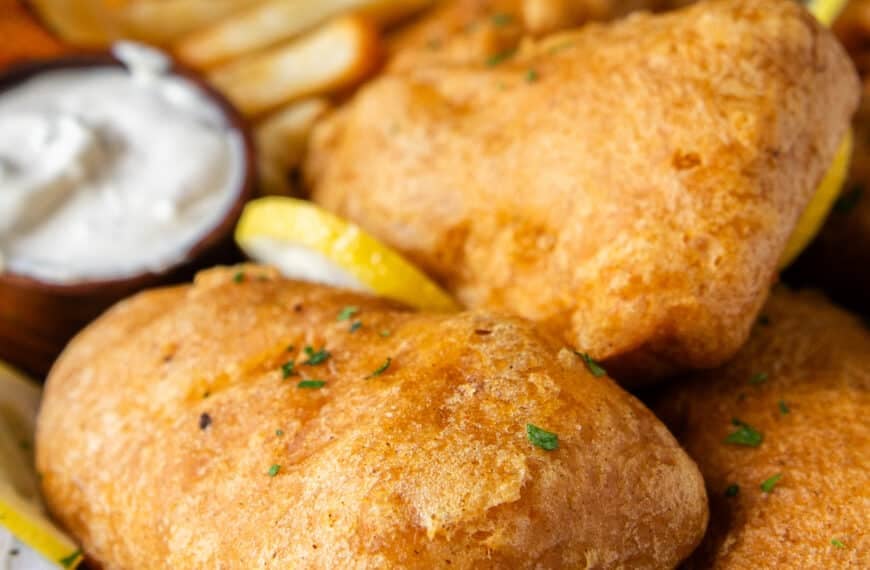 close up of a crispy fish and chips showing the crispy crust