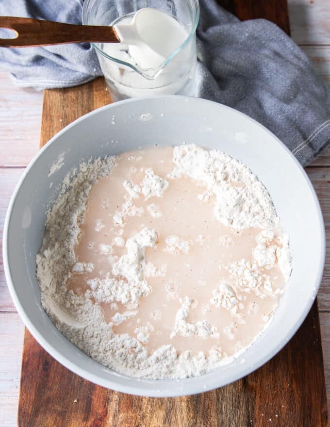 sparkling water added to the bowl of flour and cornstarch to make the batter