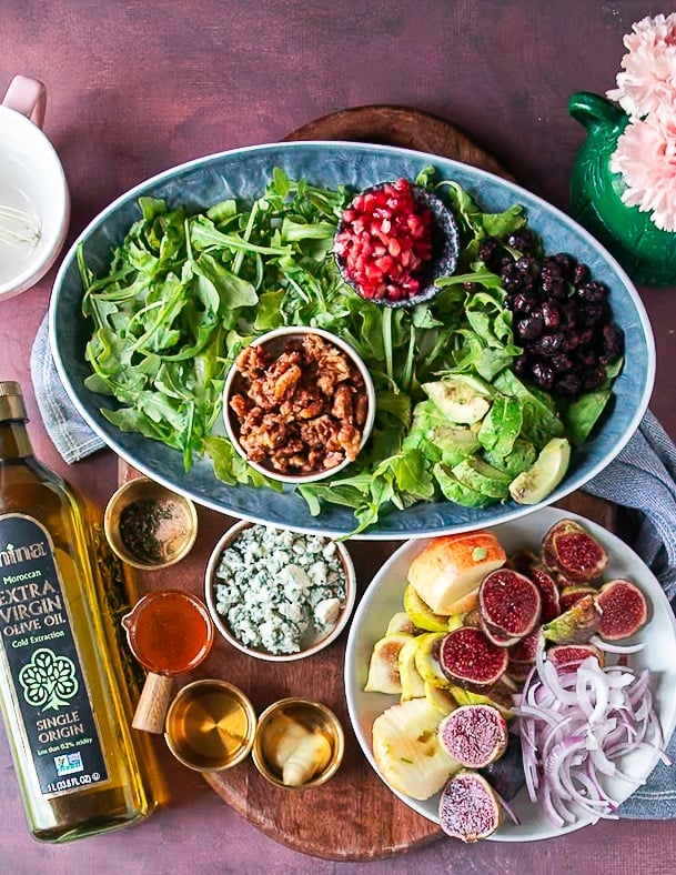 Ingredients for fig salad and fig salad dressing