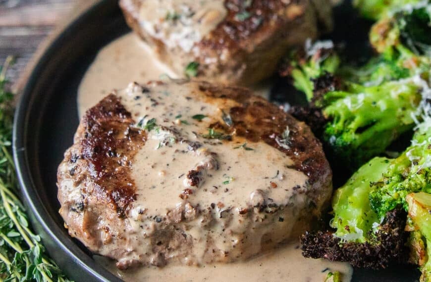 Steak cooked with a rich peppercorn steak sauce