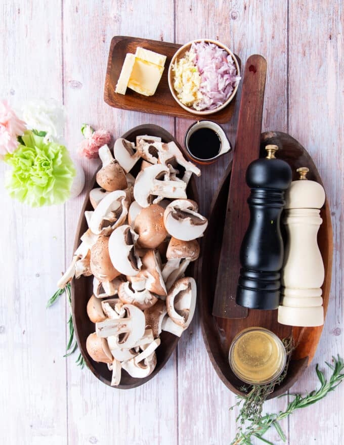 all ingredients prepped and ready in small bowls on a board