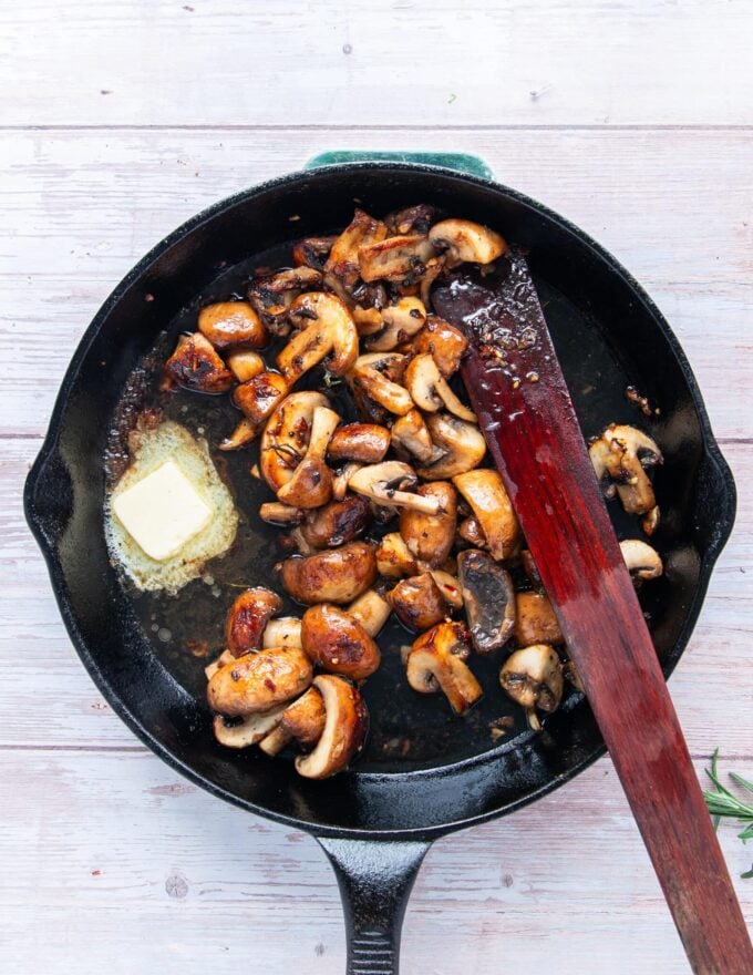 stock, Worcestershire sauce and butter added to finish the sauce