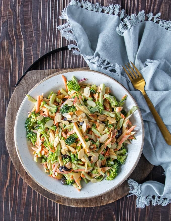 Top view of a broccoli slaw with creamy coleslaw dressing