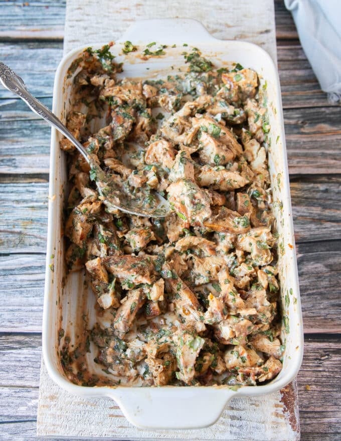 shredded chicken mixed with the flavoring herbs and sauce in a shallow plate 