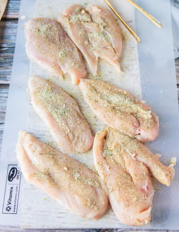 Seasoned chicken breasts on both sides