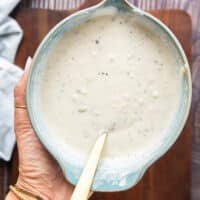 close up of perfectly whisked coleslaw dressing ready to chill before using