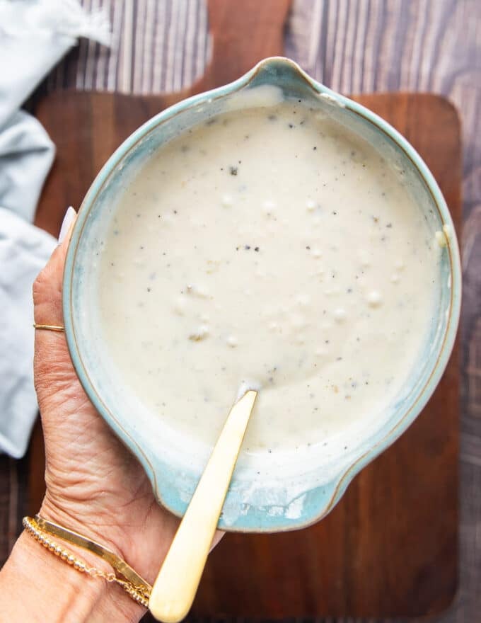 close up of perfectly whisked coleslaw dressing ready to chill before using