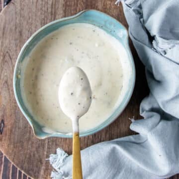 A spoon showing close up texture of coleslaw dressing over a bowl of dressing