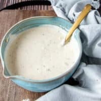 close up of a side view bowl filled with coleslaw dressing