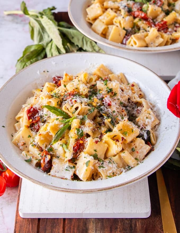 plated sun dried tomato pasta with parmesan cheese and basil 