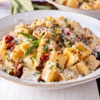 sun dried tomato pasta on a plate with lots of fresh parmesan and basil to garnish