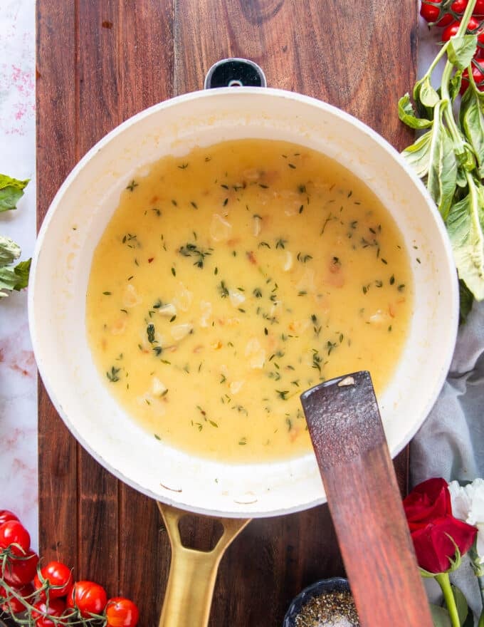 veggie broth is added and cooked until reduced as a base for the sauce 