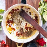 heavy cream, sun dried tomatoes, Italian seasoning is added to make the sun dried tomato sauce