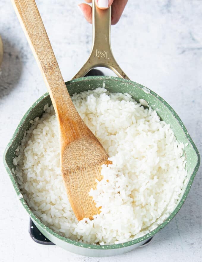 perfectly cooked sushi rice in the pot