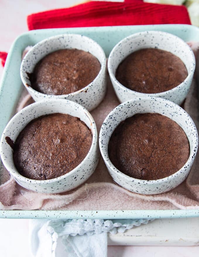 brownie pudding recipe right out of the oven with a crackly top