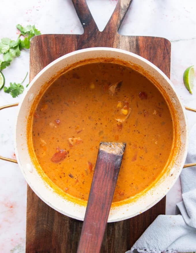 cream cheese is added and the chicken taco soup is now ready