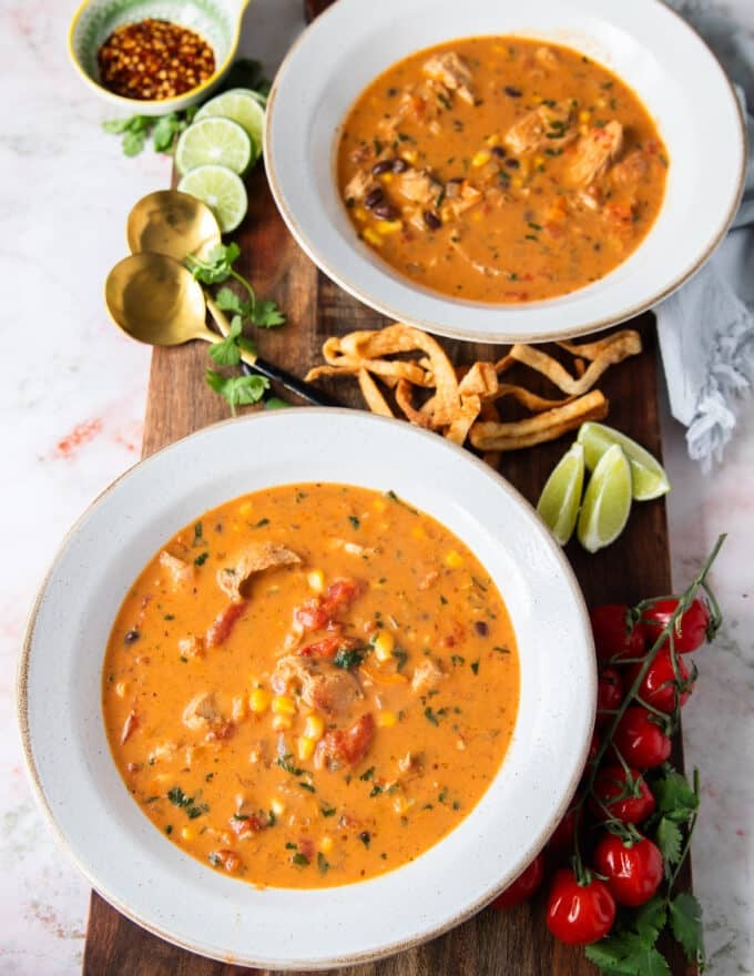 cooked chicken taco soup ready for the toppings 